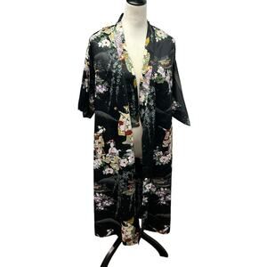 Vintage Geisha Print Kimono Robe Kyoto Inspired Black Floral Made Japan Size 45